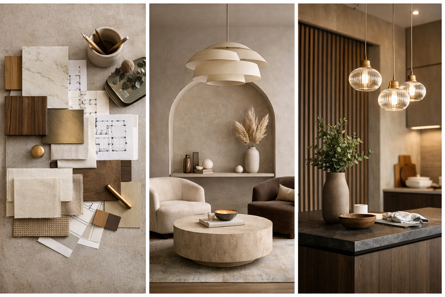 Modern minimalist living room with traditional Indian brass artifacts on wooden console table, featuring neutral tones and natural light