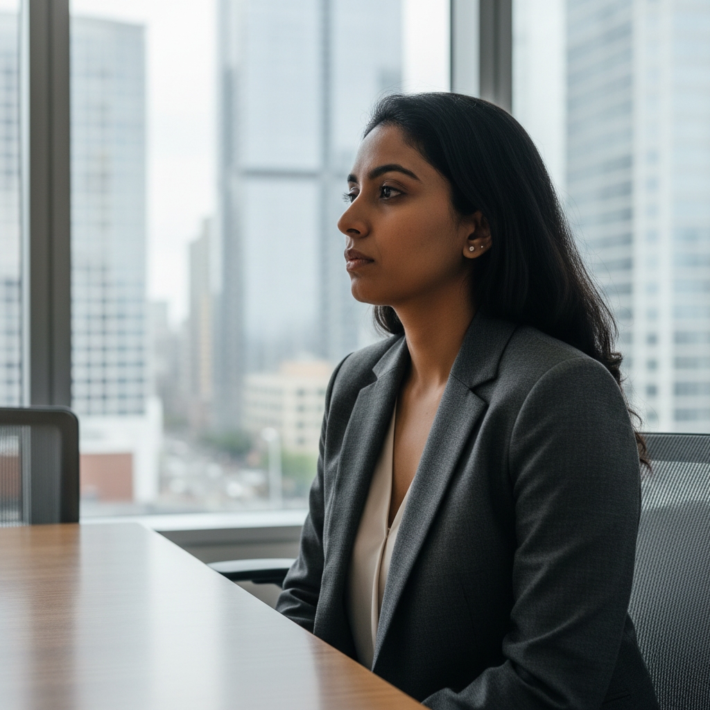 Professional Indian woman in elegant beige blazer standing in modern design studio with architectural drawings and material samples