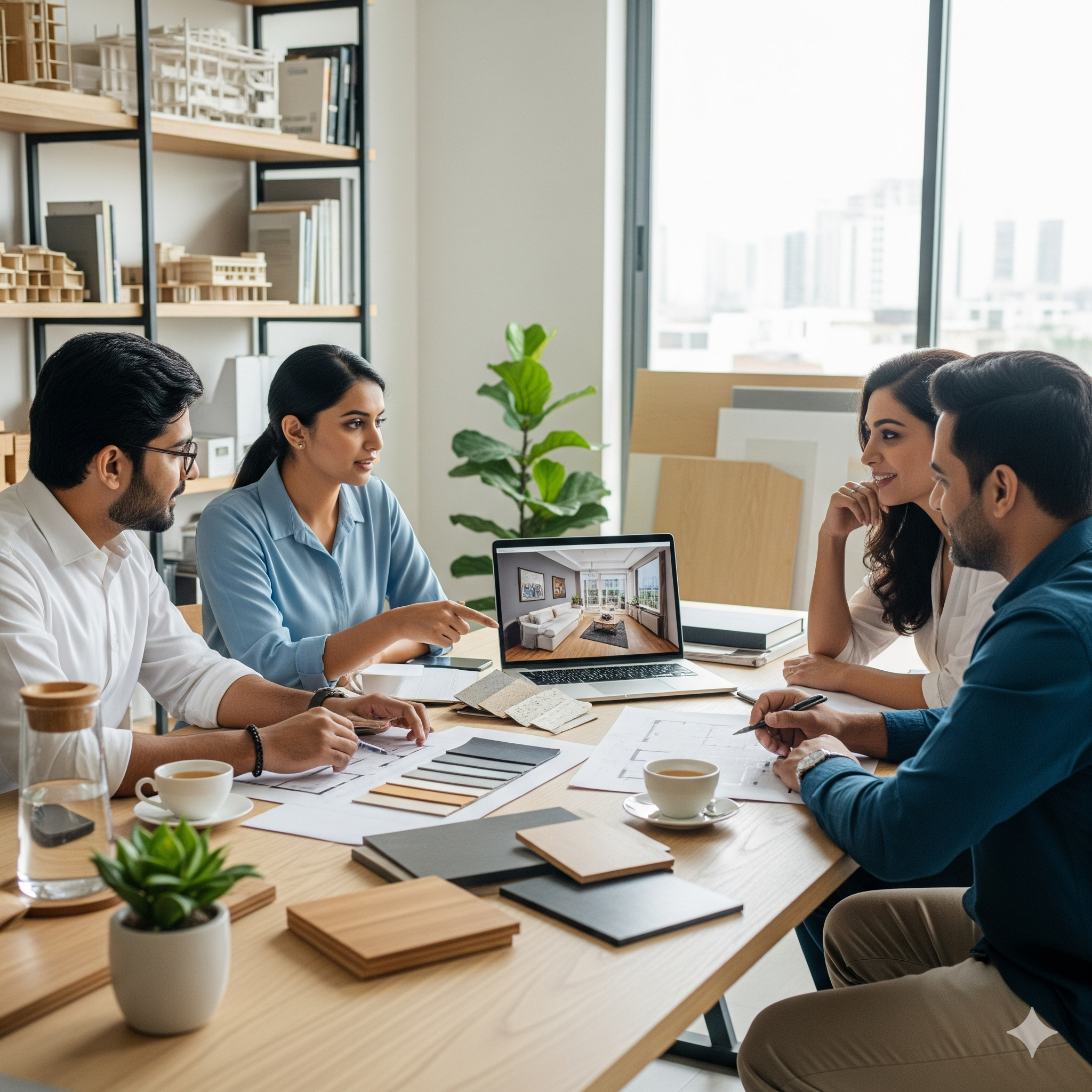 Interior design consultation meeting with floor plans, material samples, and color swatches on table