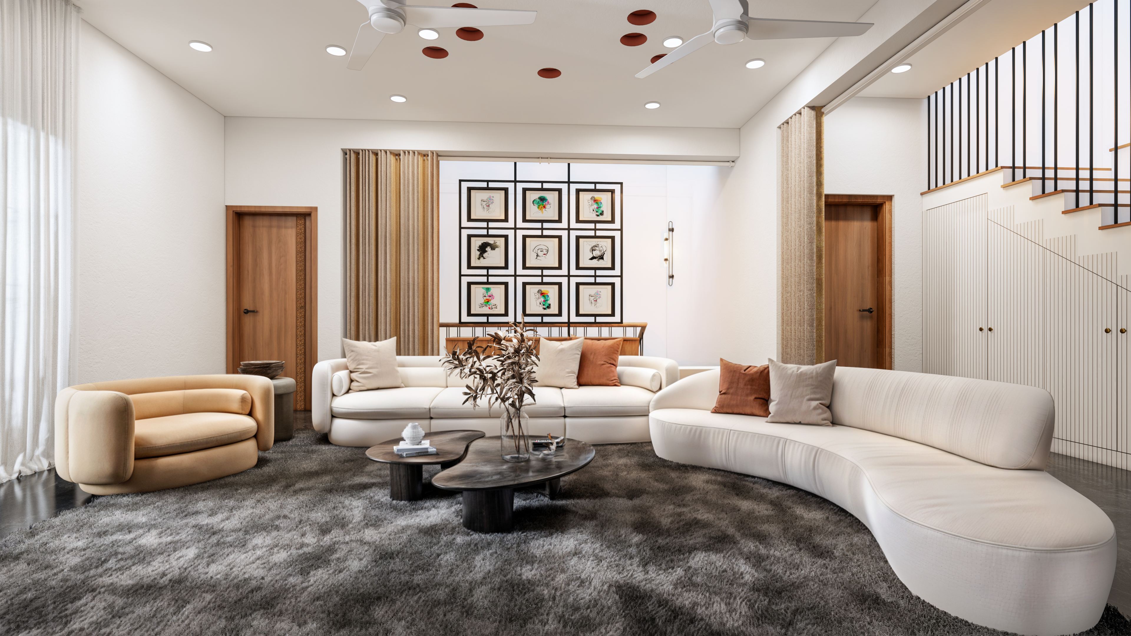 Luxurious living room with handcrafted Indian furniture, silk textiles, and brass decorative elements